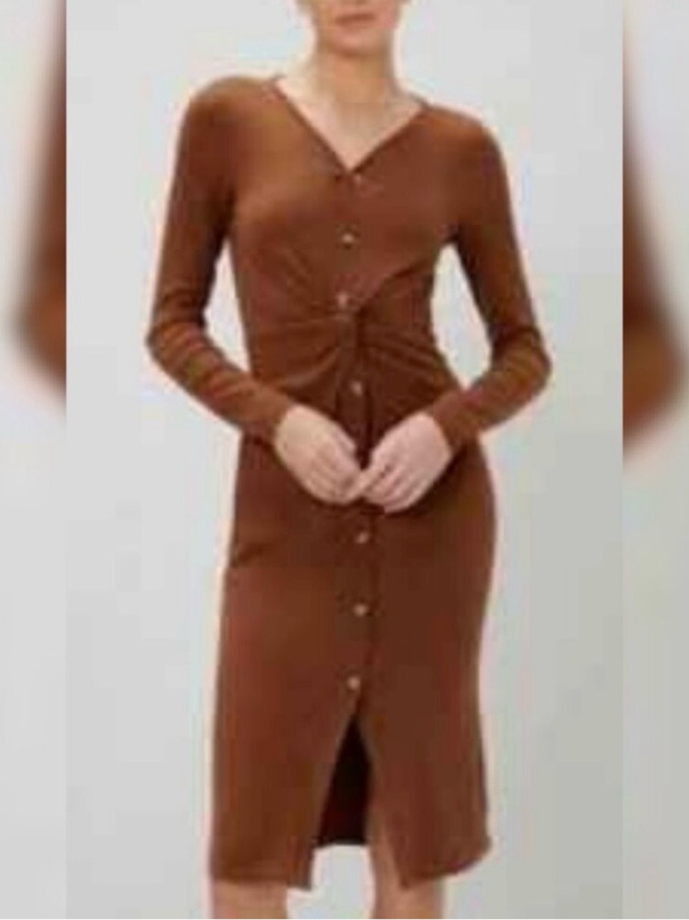 NWOT MOTF Brown Knot-Front Long Sleeve Midi Dress